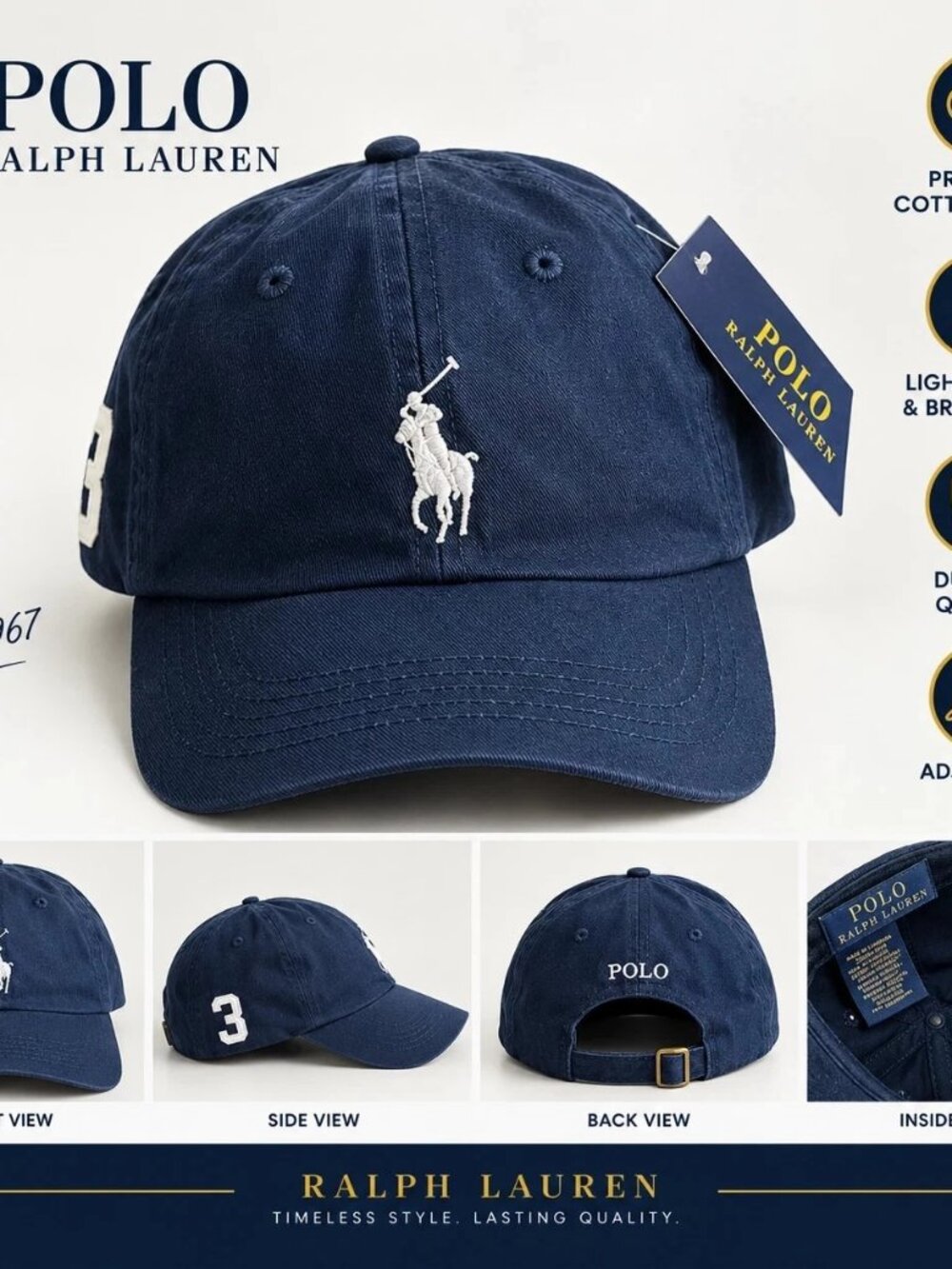 Classic Polo Baseball Cap, Embroidered Cotton Dad Hat, Adjustable Casual Sports